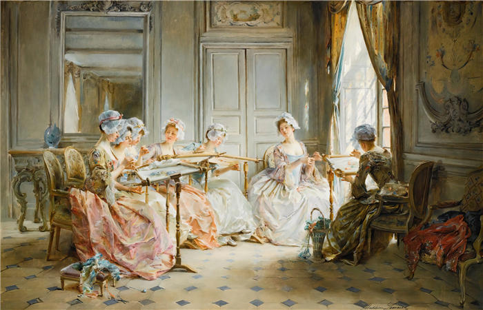 玛德琳-珍妮·勒梅尔（Madeleine-Jeanne Lemaire，法国画家）作品-刺绣班
