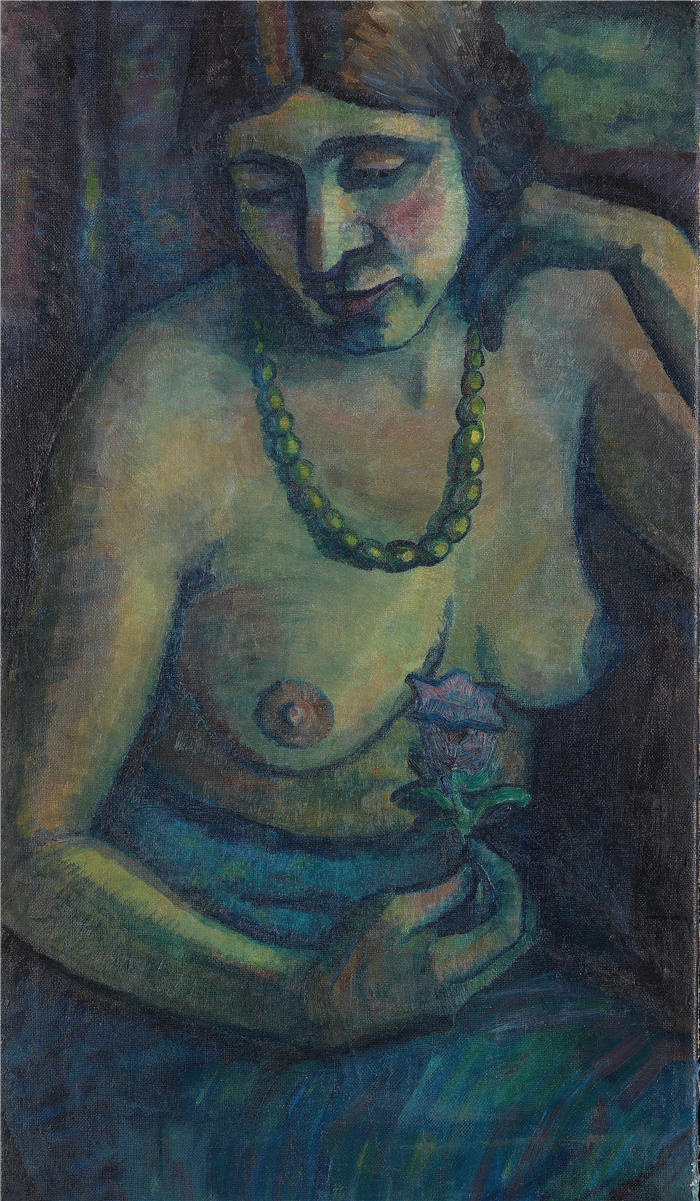 多萝西娅·梅策尔-约翰森（Dorothea Maetzel-Johannsen，德国画家）高清作品-《蓝色自画像（半裸配珍珠项链）（1917-1922）》