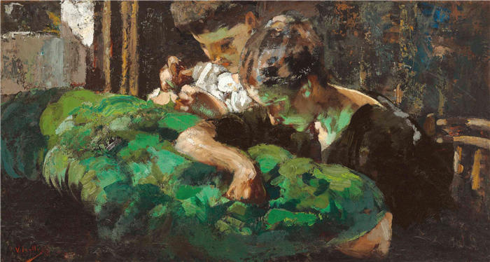 文森佐·伊罗利（Vincenzo Irolli，意大利画家）高清作品-《缝纫的妇女和儿童》