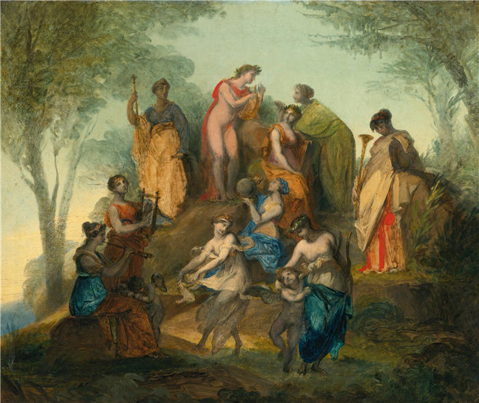 皮埃尔-保罗·普鲁东（Pierre-Paul Prud，法国画家）高清作品-《阿波罗和帕纳索斯山上的九位缪斯女神》