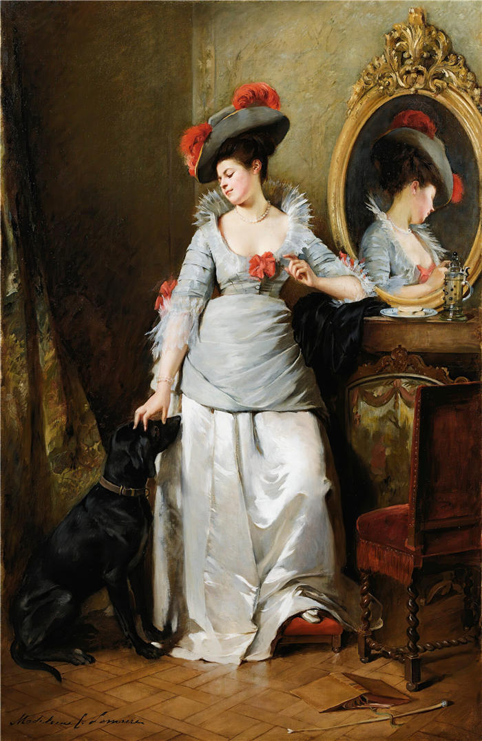 玛德琳-珍妮·勒梅尔（Madeleine-Jeanne Lemaire，法国画家）作品-优雅的狗
