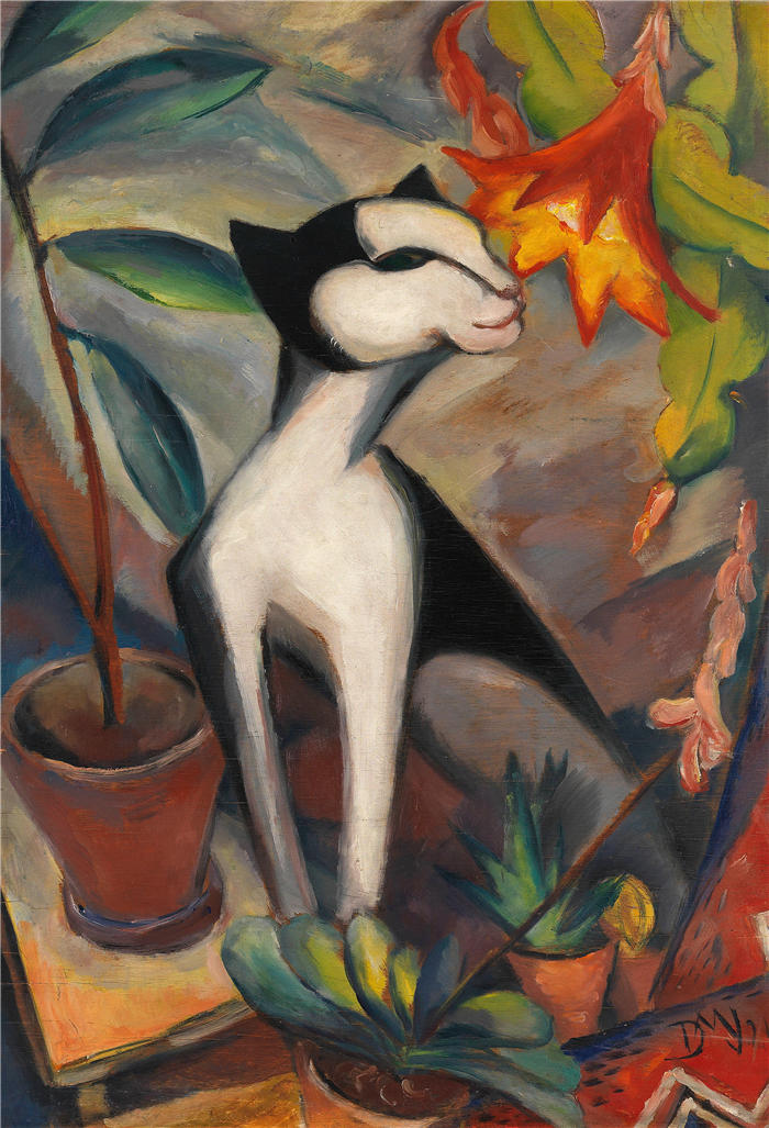 多萝西娅·梅策尔-约翰森（Dorothea Maetzel-Johannsen，德国画家）高清作品-《仙人掌花猫（1921）》