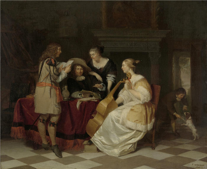 扬·维尔科列（Jan Verkolje，荷兰画家）高清作品-《一家音乐公司（1673）》