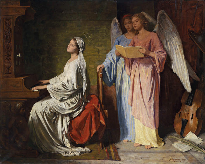 西蒙·格吕克利希（Simon Glücklich，德国画家）作品-圣塞西莉亚唢呐 L'organo (1886)