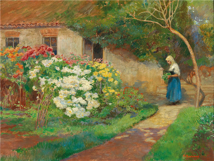 雨果·查尔蒙（Hugo Charlemont，奥地利画家）高清作品-《农家花园》