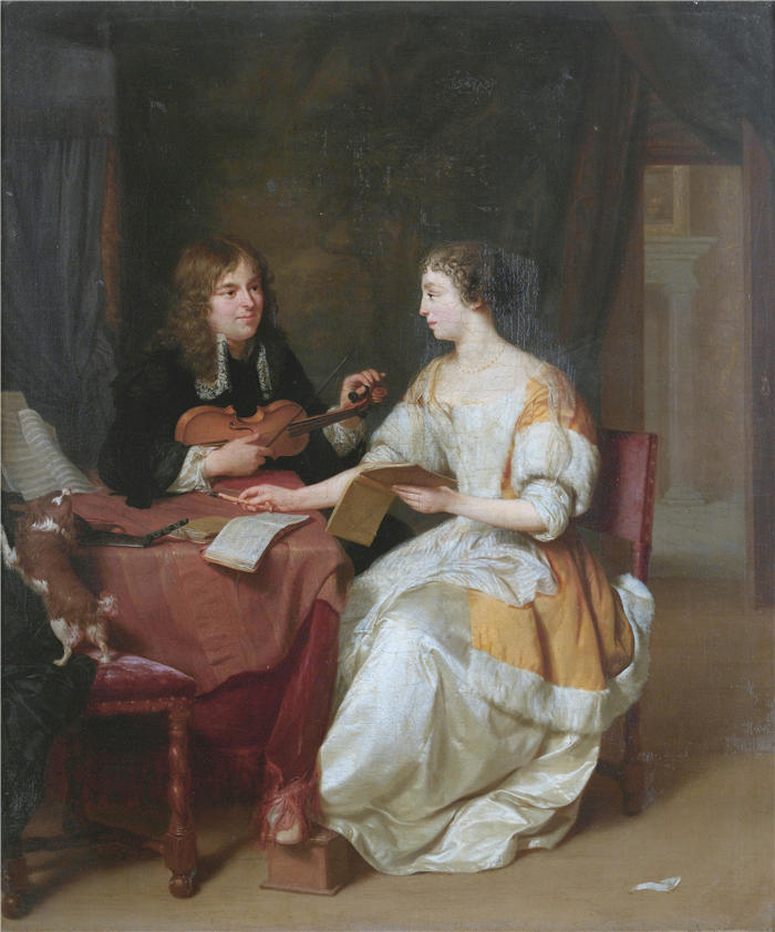 扬·维尔科列（Jan Verkolje，荷兰画家）高清作品-《一对优雅的夫妇在室内制作音乐》