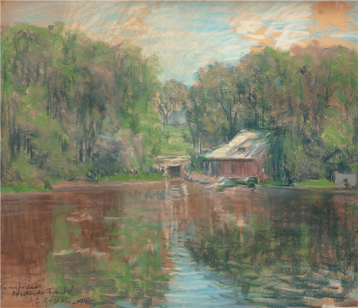 亚瑟·克利夫顿·古德温(Arthur Clifton Goodwin,美国,1864-1929 年)-水边的船屋 (1911)