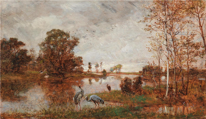 雨果·查尔蒙（Hugo Charlemont，奥地利画家）高清作品-《河岸上的苍鹭》
