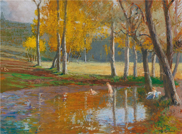 雨果·查尔蒙（Hugo Charlemont，奥地利画家）高清作品-《沐浴者在林地池塘》