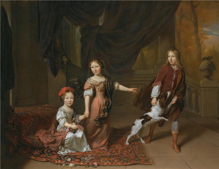 扬·维尔科列（Jan Verkolje，荷兰画家）高清作品-《两个姐妹和他们的兄弟玩狗的肖像》