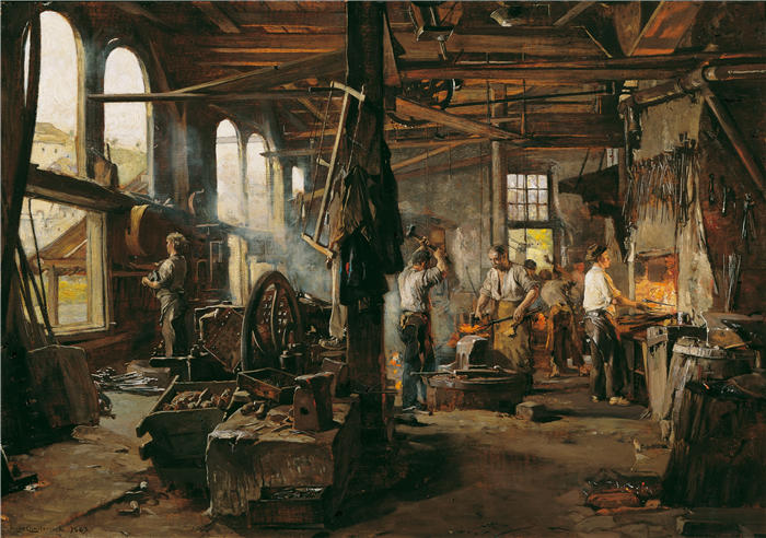 雨果·查尔蒙（Hugo Charlemont，奥地利画家）高清作品-《室内设计师 Einer Hammerschmiede (1883)》