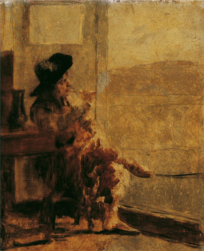 雨果·查尔蒙（Hugo Charlemont，奥地利画家）高清作品-《坐着抽烟的人》