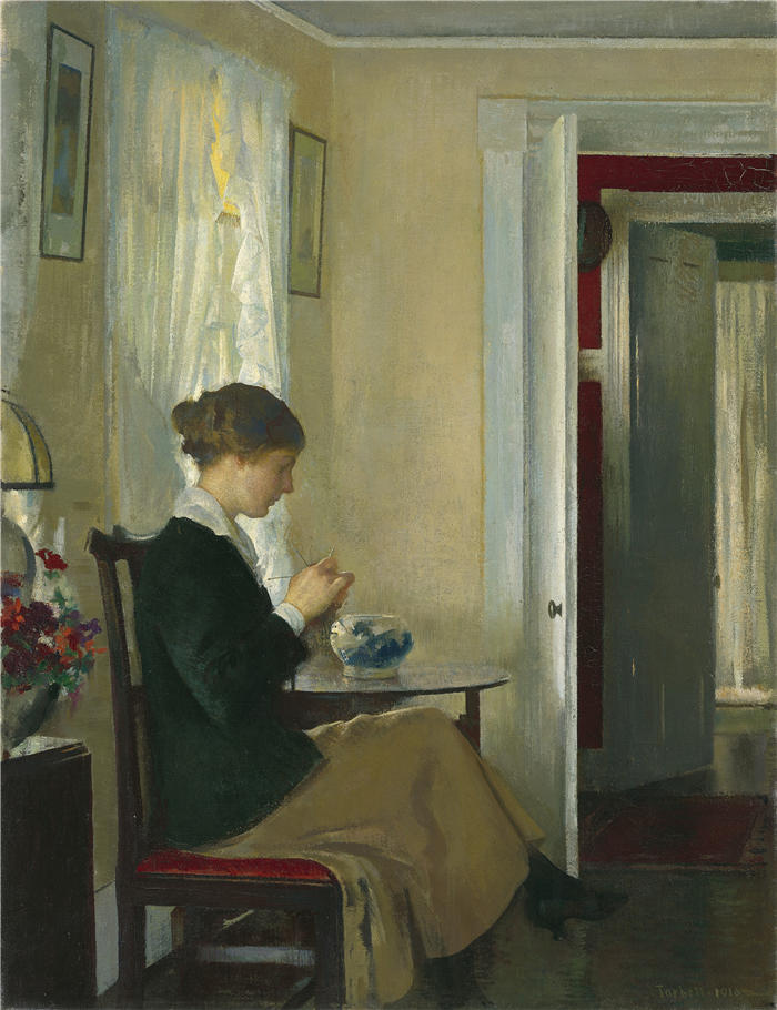 埃德蒙·查尔斯·塔贝尔（Edmund Charles Tarbell，美国画家）高清作品-《约瑟芬针织 (1916)》
