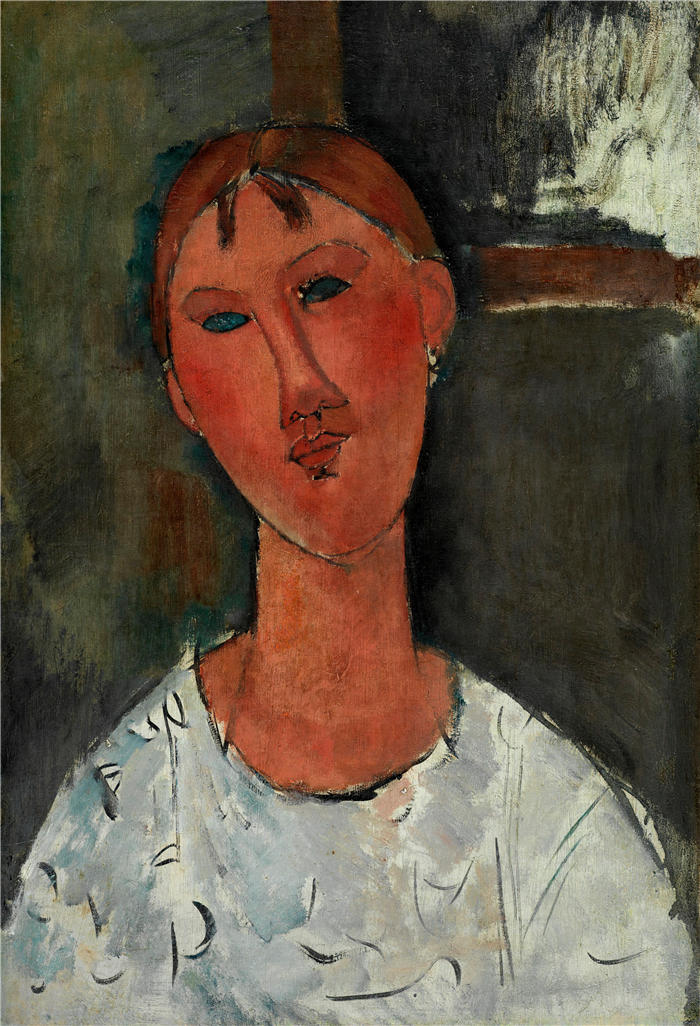 阿米迪奥·莫迪利亚尼（Amedeo Modigliani，意大利画家）高清作品-《穿白衬衫的女孩（约 1915 年）》