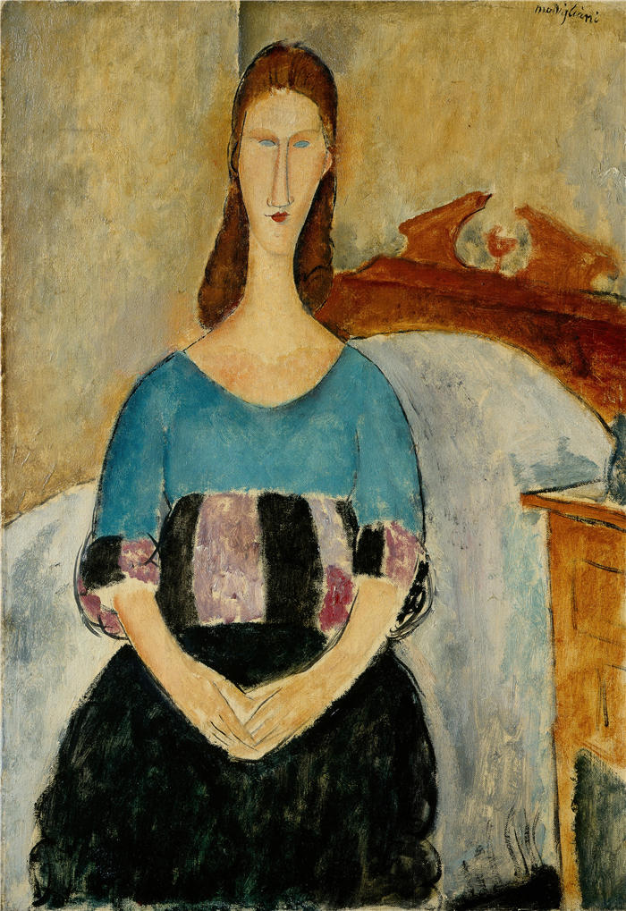 阿米迪奥·莫迪利亚尼（Amedeo Modigliani，意大利画家）高清作品-《Jeanne Hebuterne 的肖像，坐着（1918 年）》