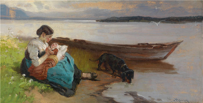 卡尔·劳普（Karl Raupp，德国画家）高清下载-《母亲带着孩子在湖边》