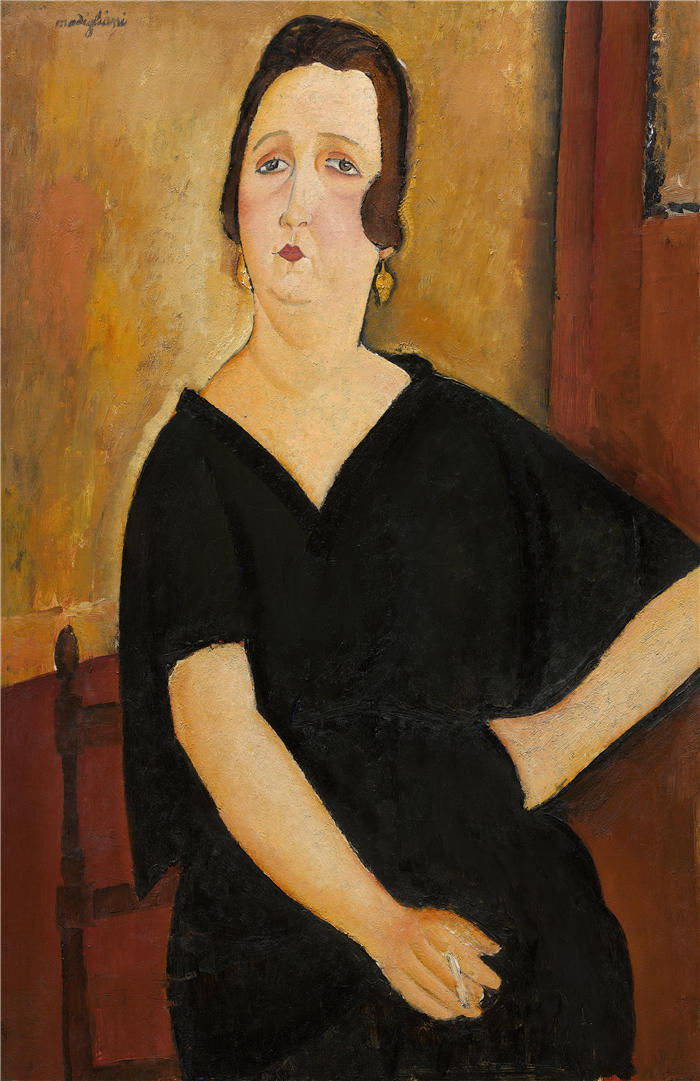 阿米迪奥·莫迪利亚尼（Amedeo Modigliani，意大利画家）高清作品-《Amédée 夫人（带香烟的女人）（1918 年）》