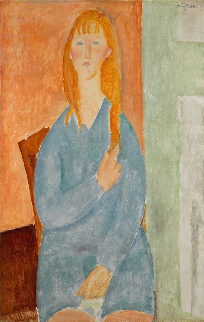 阿米迪奥·莫迪利亚尼(Amedeo Modigliani,意大利画家)高清作品-《穿蓝色衣服的小女孩(1919年)》