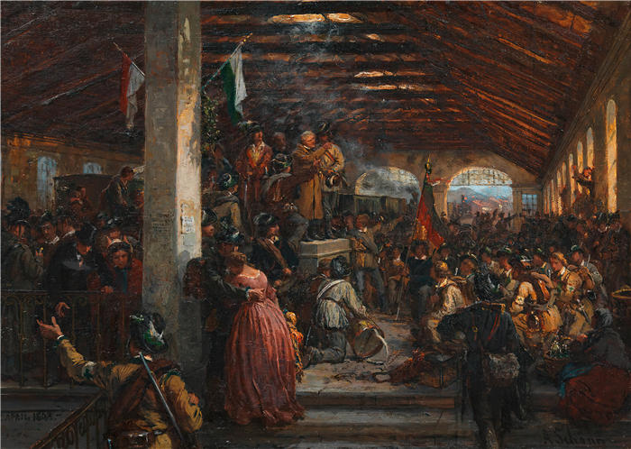 阿洛伊斯·舍恩 (Alois Schönn,奥地利画家)高清作品-《 1848年志愿者在老苏德班霍夫的告别（1848）》