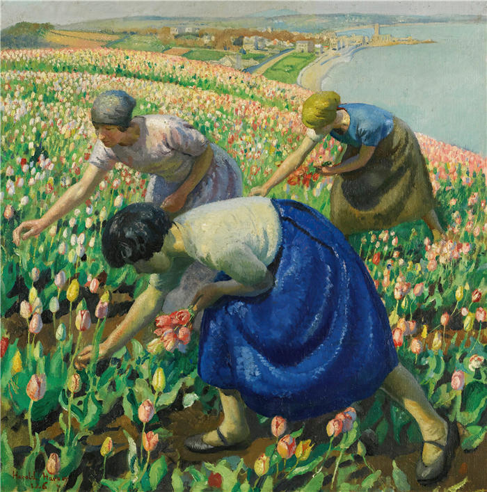 哈罗德·哈维(Harold Harvey,英国画家)高清作品下载-《郁金香采摘者 (1926)》