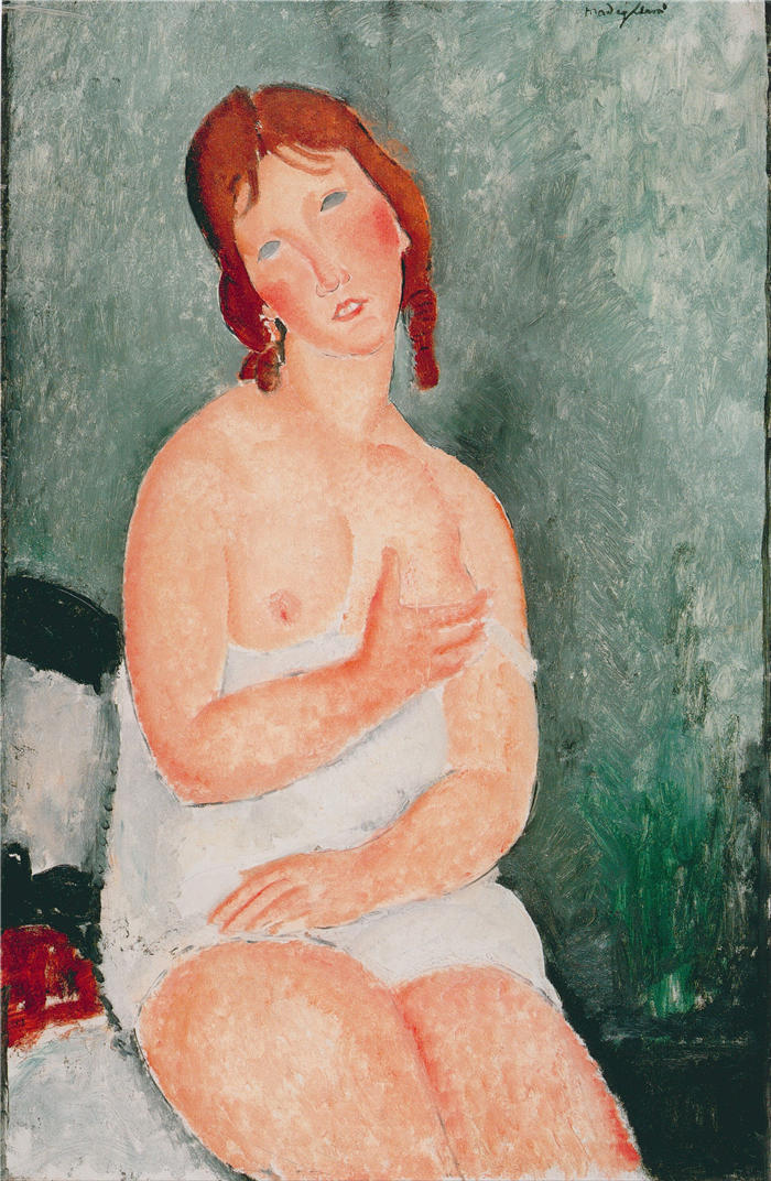 阿米迪奥·莫迪利亚尼（Amedeo Modigliani，意大利画家）高清作品-《穿衬衫的年轻女子，1918 年》