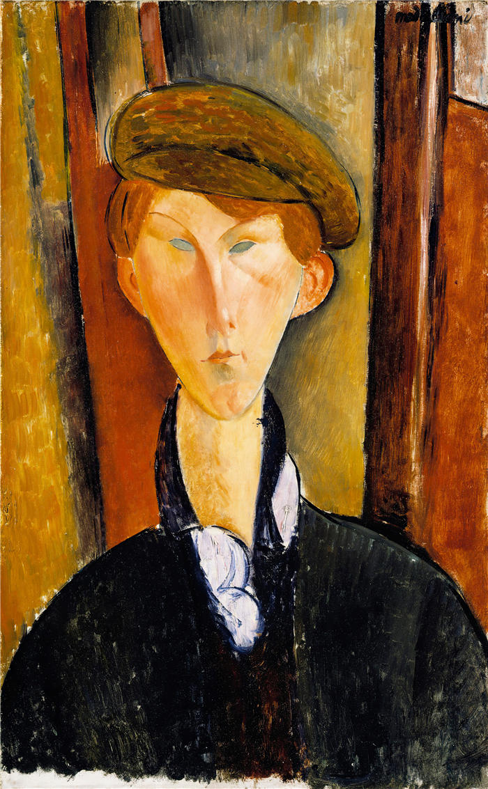阿米迪奥·莫迪利亚尼(Amedeo Modigliani,意大利画家)高清作品-《戴帽子的年轻人(20世纪初)》