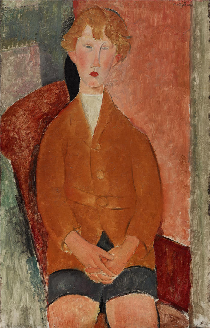 阿米迪奥·莫迪利亚尼（Amedeo Modigliani，意大利画家）高清作品-《穿短裤的男孩（约 1918 年）》