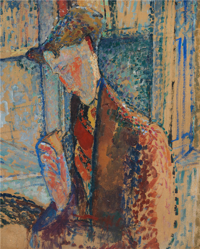 阿米迪奥·莫迪利亚尼（Amedeo Modigliani，意大利画家）高清作品-《遐想（弗兰克·伯蒂·哈维兰肖像研究）（1914 年）》