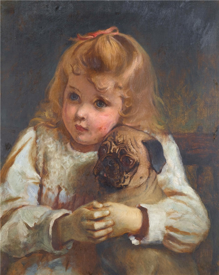 查尔斯·伯顿·巴伯 (Charles Burton Barber，英国画家)高清作品-《 关注，有哈巴狗的女孩》