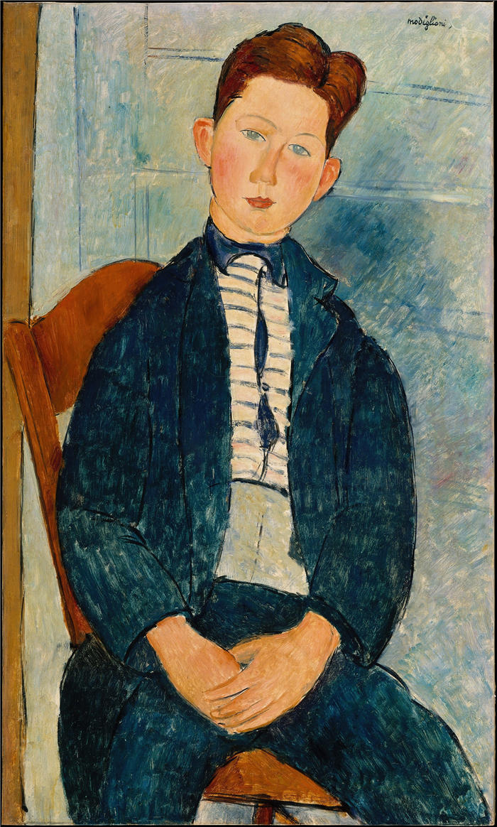 阿米迪奥·莫迪利亚尼（Amedeo Modigliani，意大利画家）高清作品-《穿条纹毛衣的男孩 (1918)》