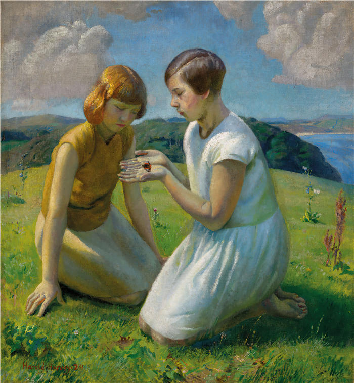 哈罗德·哈维(Harold Harvey,英国画家)高清作品下载-《两个带着蝴蝶的年轻女孩(1829)》