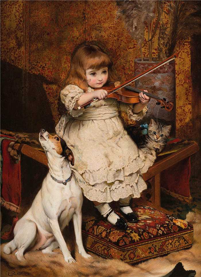 查尔斯·伯顿·巴伯 (Charles Burton Barber，英国画家)高清作品-《 小小提琴手 (1887)》