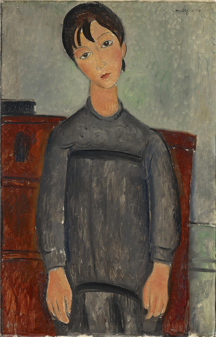 阿米迪奥·莫迪利亚尼（Amedeo Modigliani，意大利画家）高清作品-《站在黑色围裙的女孩 (1918)》