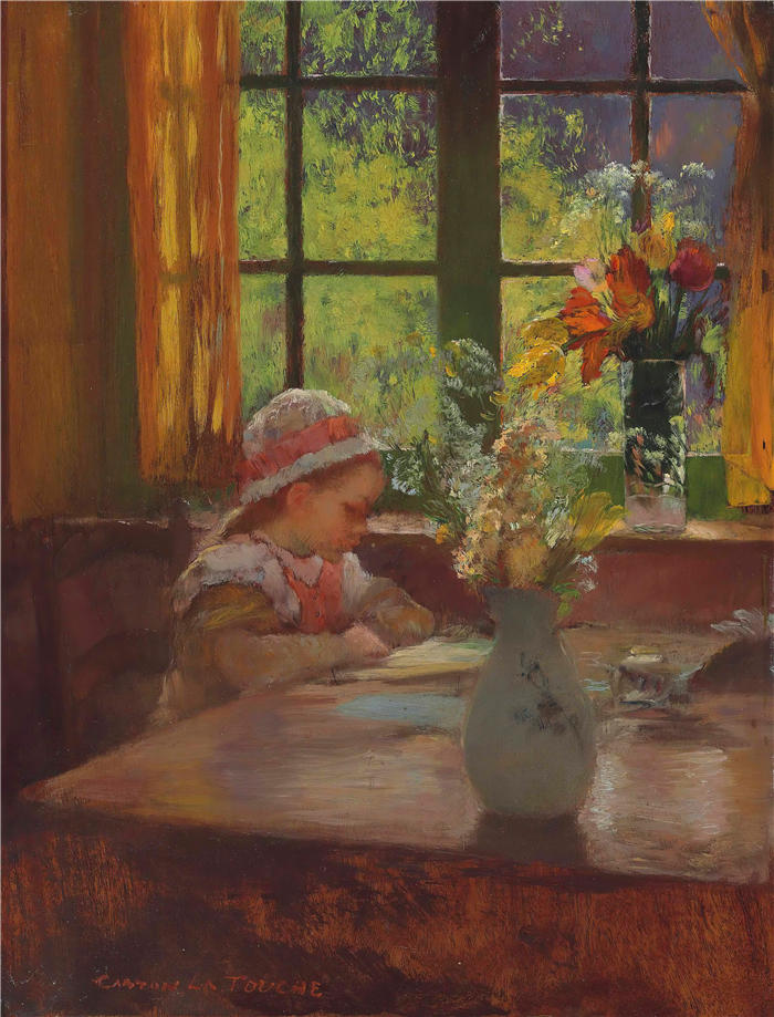 加斯顿·拉图什（Gaston La Touche，法国画家）高清作品-《一个戴着帽子的年轻女孩在窗边看书》