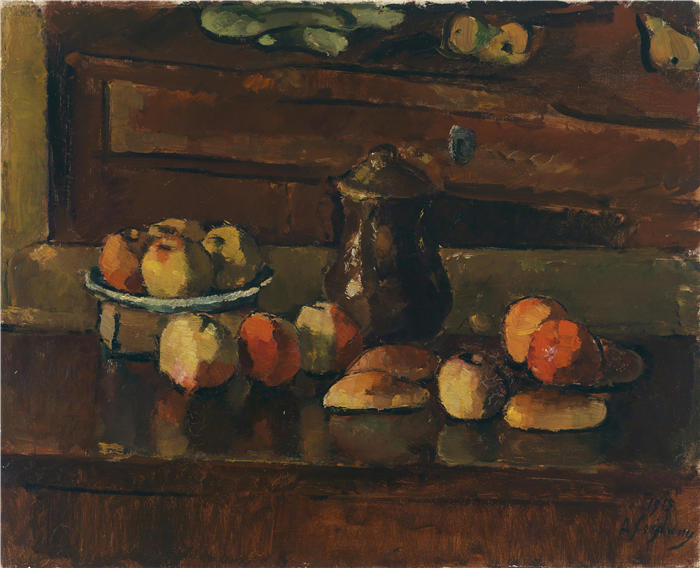 安东·法斯托尔（Anton Faistauer）-水果静物与盆（1915）