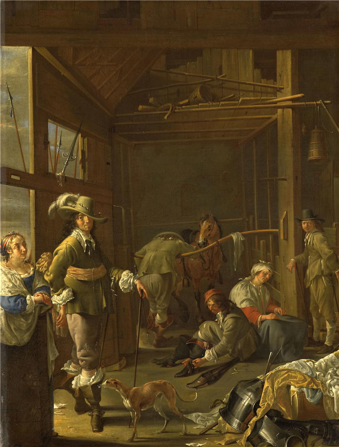 雅各布鸭（Jacob Duck ，荷兰画家）高清作品-《马厩里的士兵（约 1655 年）》