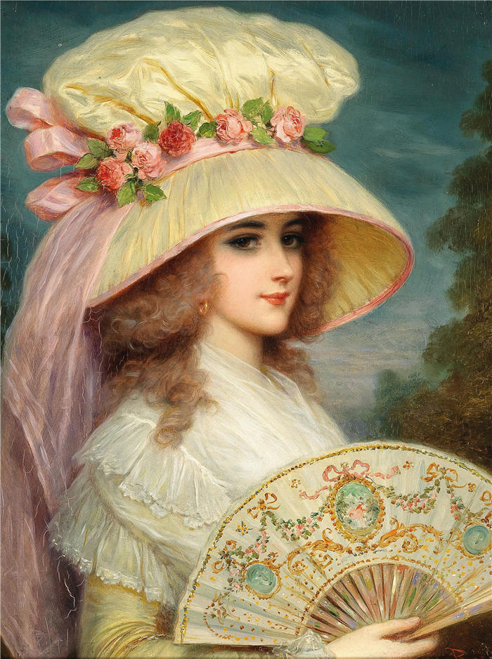 卢修斯·罗西（Lucius Rossi，意大利画家）高清作品-《戴玫瑰帽和扇子的女士》