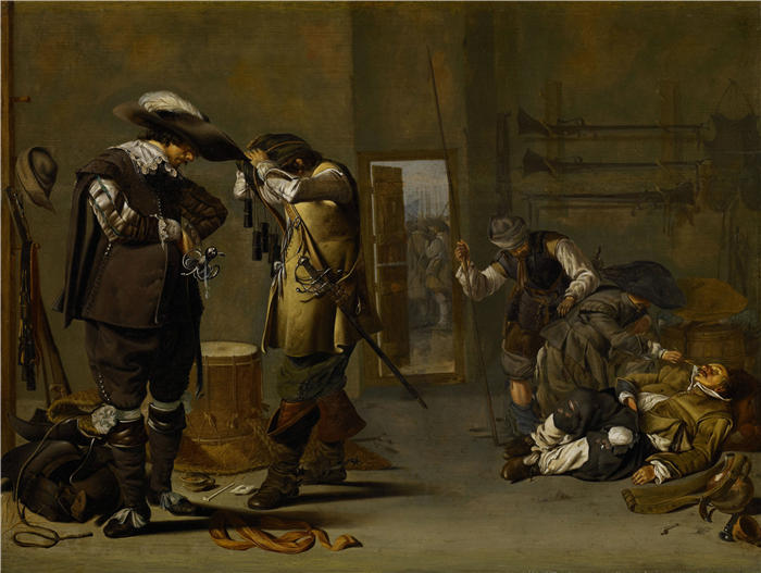雅各布鸭（Jacob Duck ，荷兰画家）高清作品-《武装自己的士兵（1630 年代中期）》