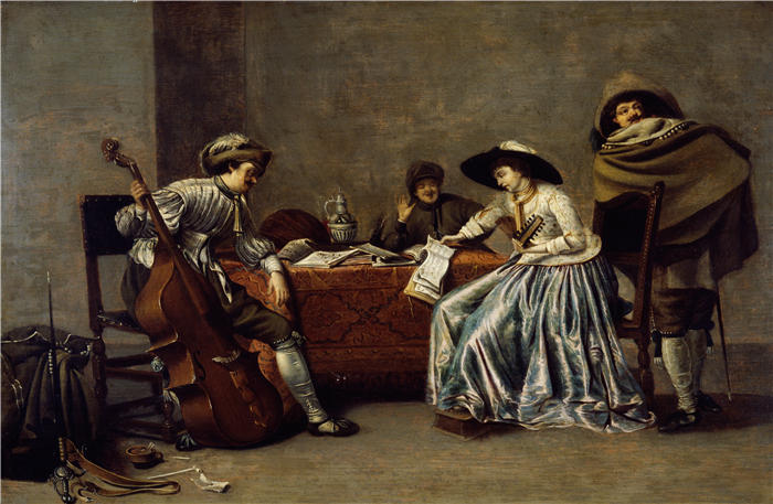 雅各布鸭（Jacob Duck ，荷兰画家）高清作品-《三个男人和一个女人在室内》