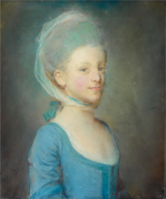 让-巴蒂斯特·佩罗诺（Jean-Baptiste Perronneau,法国画家）高清作品-《一位戴着条纹凝视头巾的年轻女子的肖像（1770 年）》