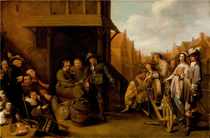 雅各布鸭（Jacob Duck ，荷兰画家）高清作品-《带有磨刀机和优雅情侣的街景（约 1655 年）》