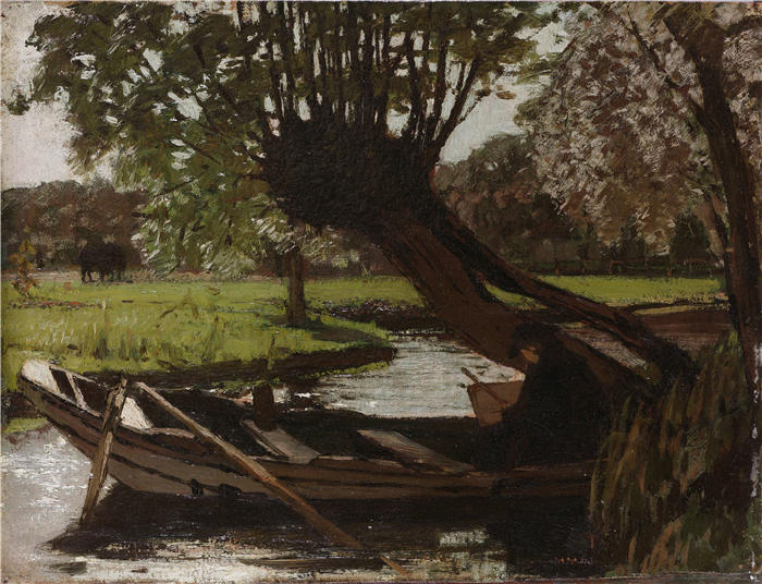 马蒂亚斯·马里斯（Matthias Maris，荷兰画家）高清作品-《有波拉德柳树的船（1863 年）》