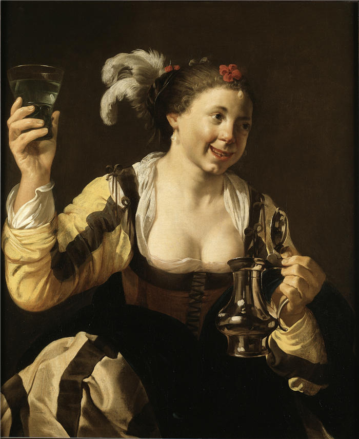 亨德里克·特·布鲁根（Hendrick ter Brugghen，荷兰画家）高清作品-《拿着玻璃杯的女孩（1620 年代）》