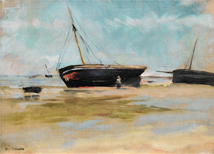 伊娃·冈萨雷斯（Eva Gonzalès，法国画家）高清作品-《低潮时的船》