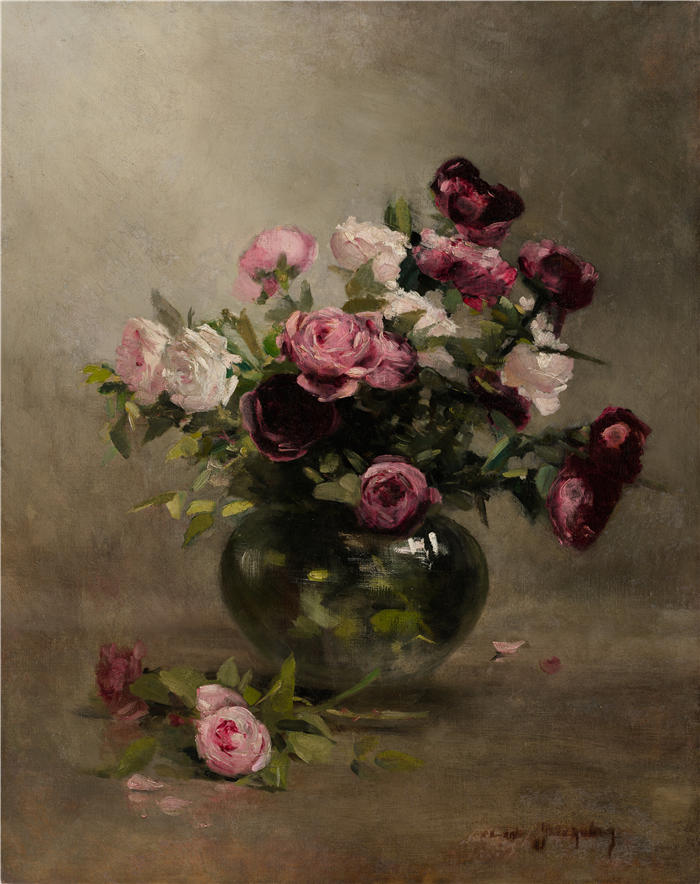伊娃·冈萨雷斯（Eva Gonzalès，法国画家）高清作品-《玫瑰花瓶（1870 年）》