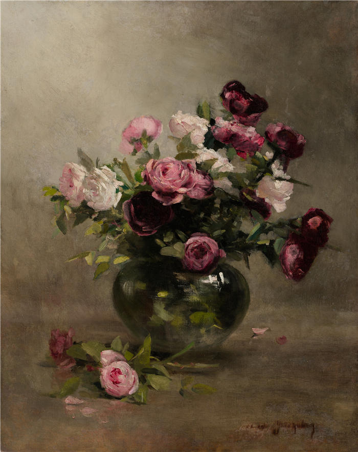 伊娃·冈萨雷斯(Eva Gonzalès,法国画家)高清作品-《玫瑰花瓶(1870 年)》