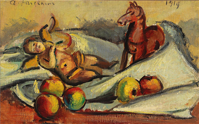 安东·法斯托尔（Anton Faistauer）-苹果、Putto和马的静物画（1919）