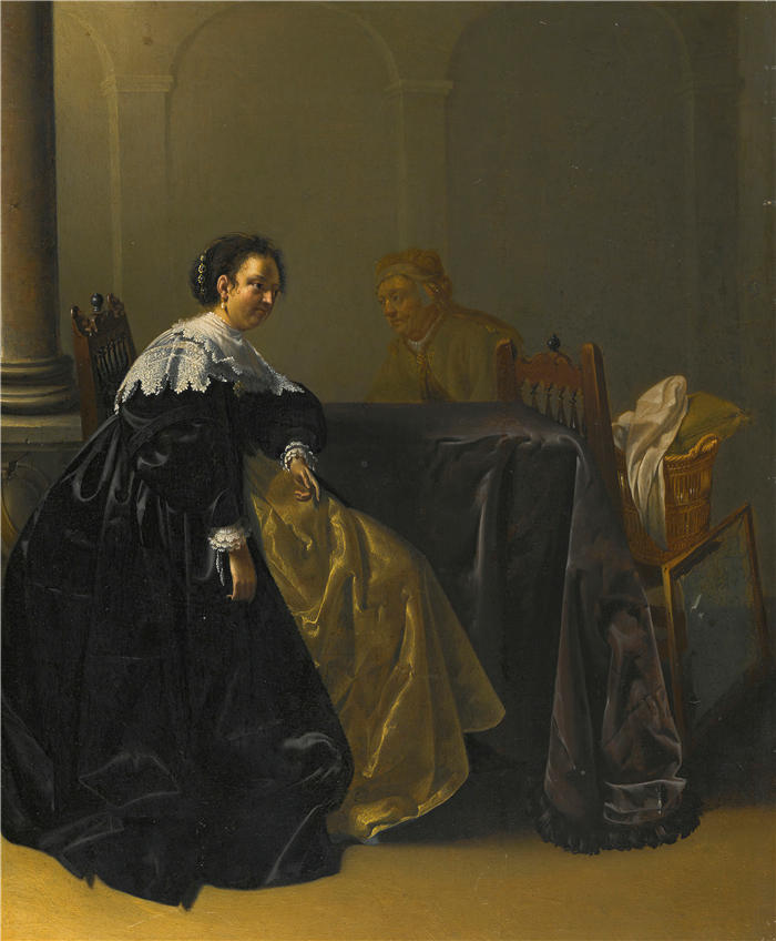 雅各布鸭（Jacob Duck ，荷兰画家）高清作品-《一个优雅的年轻女士和老女仆在室内》