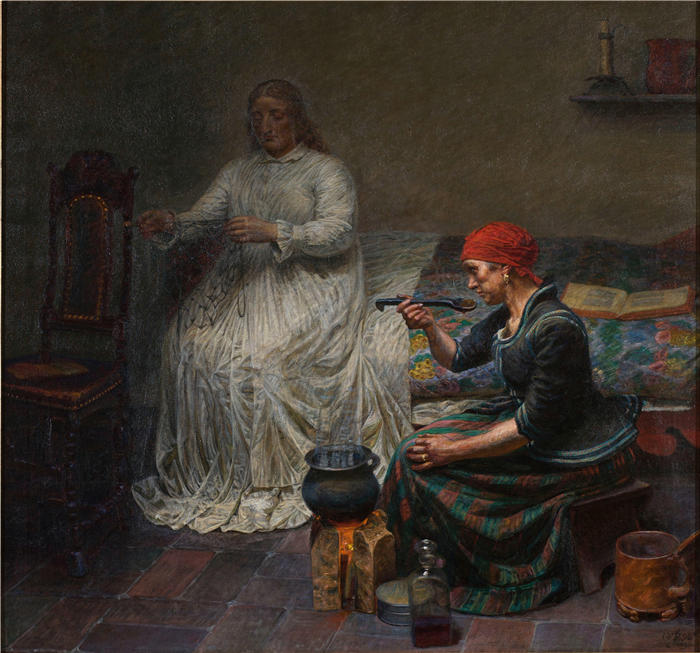 克里斯蒂安·扎尔特曼（Kristian Zahrtmann，丹麦画家）高清作品-《莱奥诺拉·克里斯蒂娜在 Blaataarn。女人煮粥（1896）》
