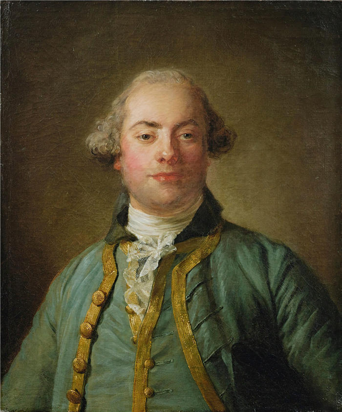 让-巴蒂斯特·佩罗诺(Jean-Baptiste Perronneau,法国画家)高清作品-《一位绅士的肖像,胸围长度,蓝色金衬里背心和白色衬裙(1765 年)》